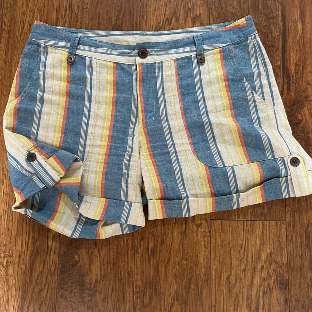 Patagonia lightweight shorts blue, white, and yellow